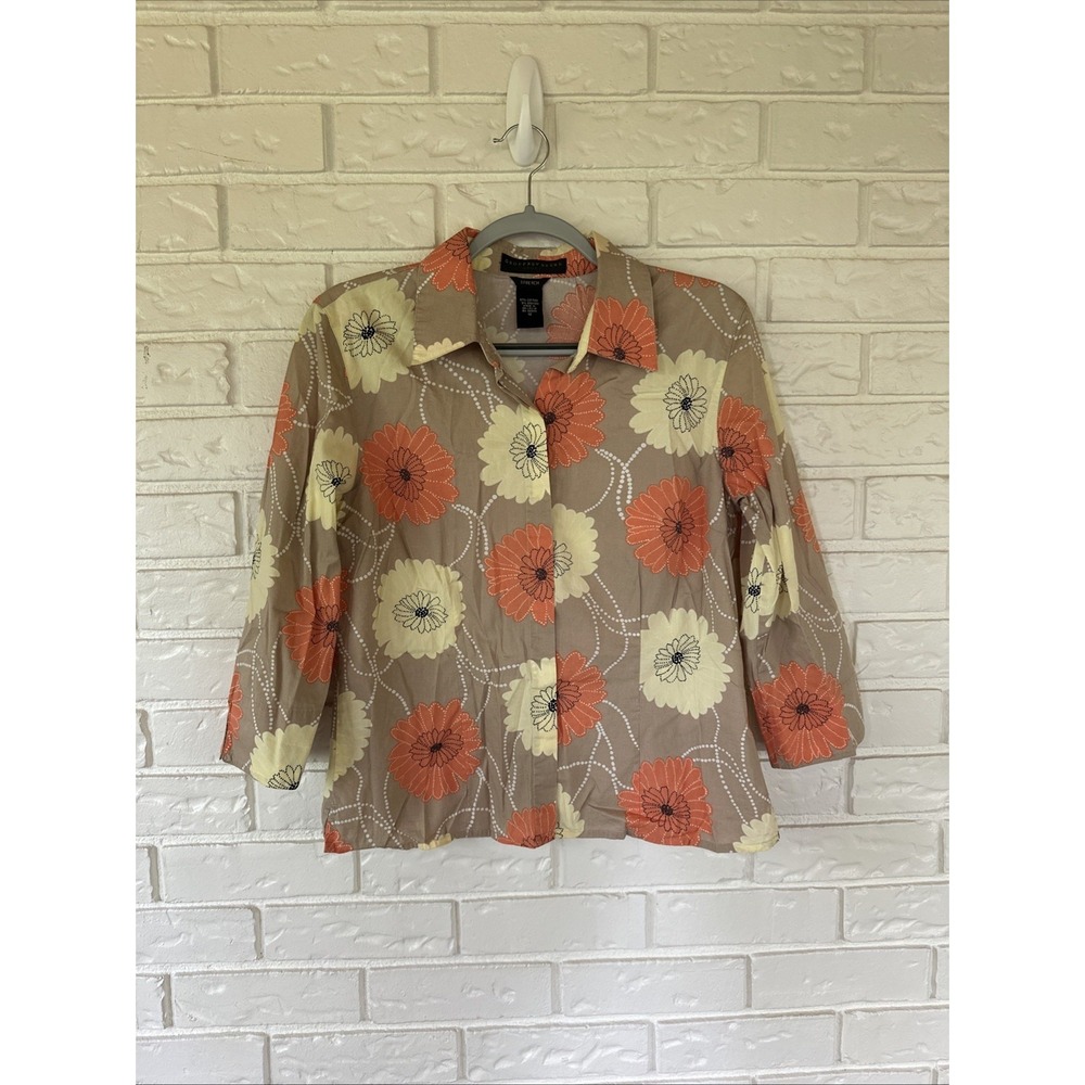 Geoffrey Beene Sport Blouse Size 12 Beige 3/4 Sleeve Retro Floral Print